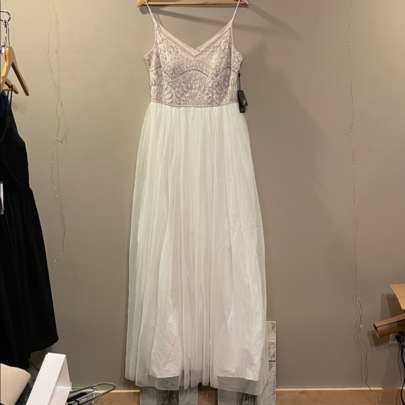 NWT Adrianna Papell White and Silver Beaded Maxi Dress
